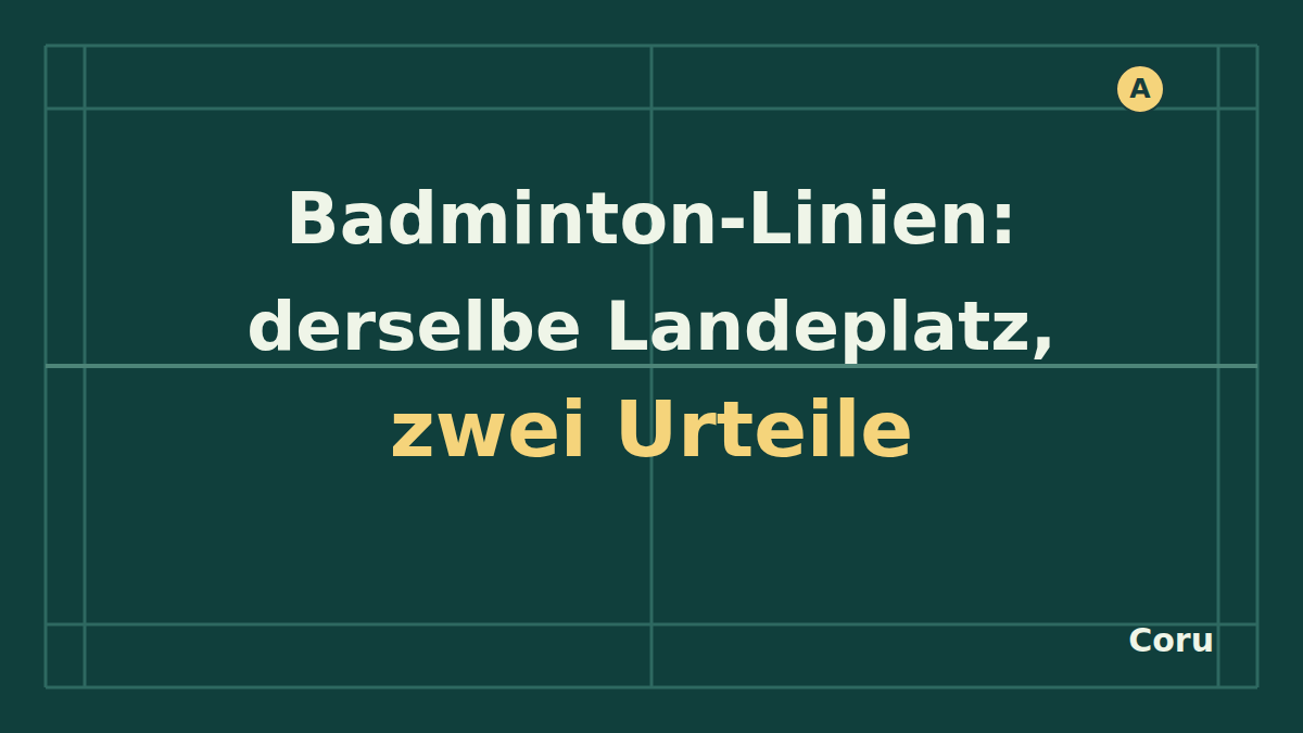 Badminton-Linien: derselbe Landeplatz, zwei Urteile. Coru-Titelgrafik mit stilisiertem Spielfeld und Landeplatz A.
